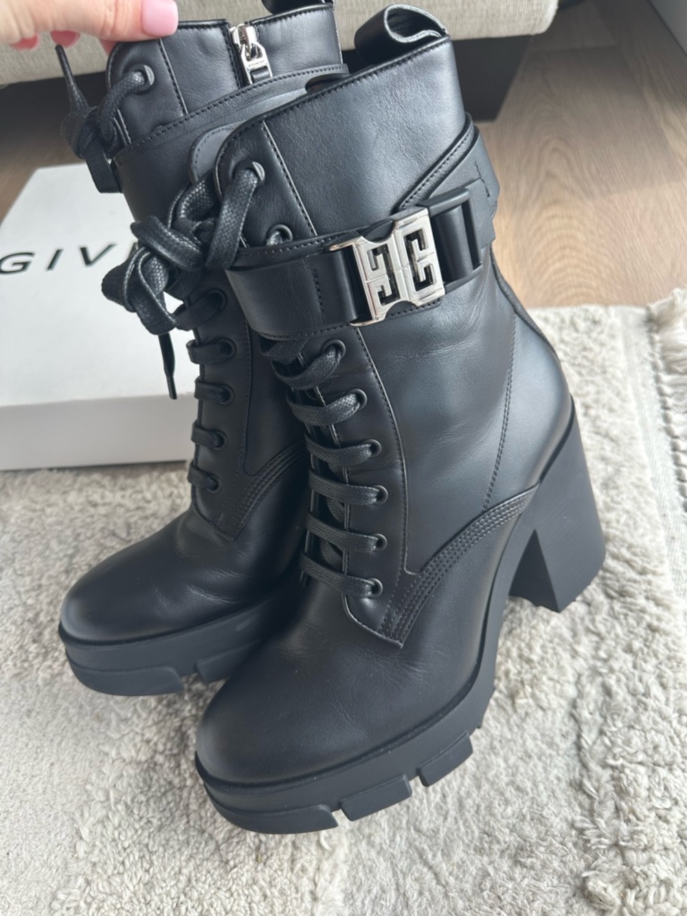 Givenchy Black Leather Lace-Up Platform Ankle Boots with Logo Buckle